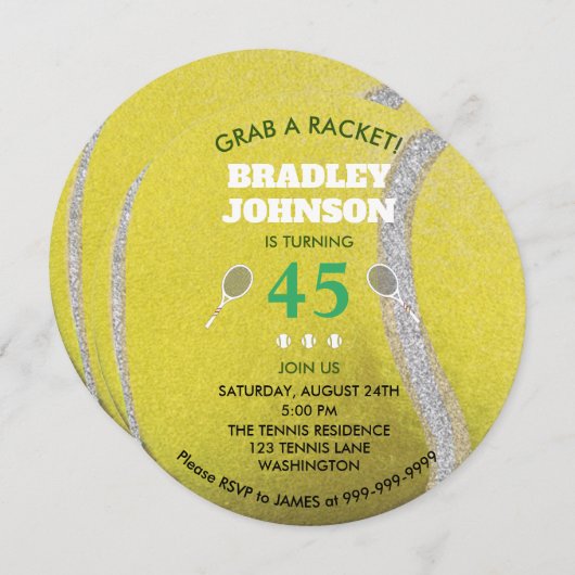 モダンイエローテニスボールパーソナライズされた誕生日 招待状 (正面/裏面)