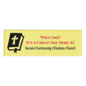 モダンイエローネームを使用したキリスト教教会のグリーター 名札 (正面)