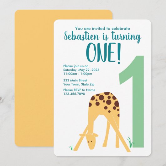 モダンイエロー赤ちゃんキリン1歳の誕生日 招待状 (正面/裏面)
