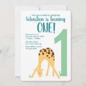 モダンイエロー赤ちゃんキリン1歳の誕生日 招待状 (正面)