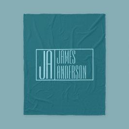 モダンイニシャルと名前 | 濃いティール（緑がかった色）&ライトブルー フリースブランケット