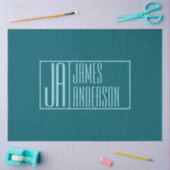 モダンイニシャルと名前 | 濃いティール（緑がかった色）&ライトブルー 薄葉紙 (クラフト)