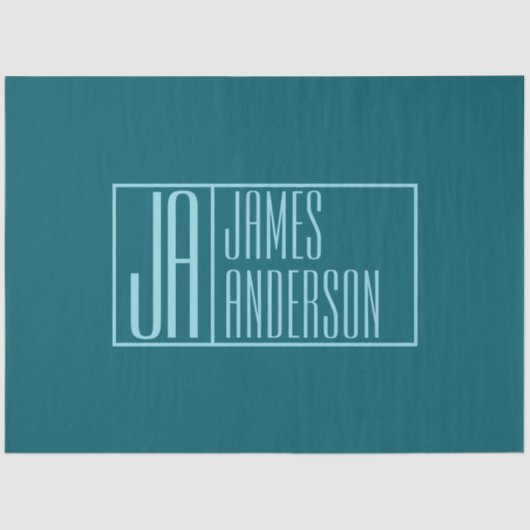 モダンイニシャルと名前 | 濃いティール（緑がかった色）&ライトブルー 薄葉紙 (正面)