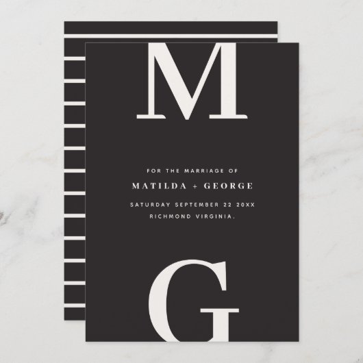 モダンイニシャルはっきりしたグラフィック結婚タイポグラフィ セーブザデート (正面/裏面)