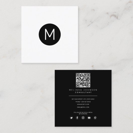 モダンイニシャルミニマルQRコードプロフェッショナル スクエア名刺 (正面/裏面)
