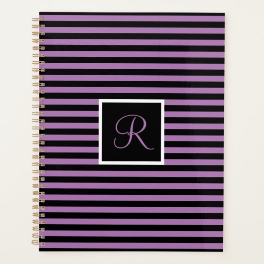 モダンイニシャルレター紫と黒ストライプの プランナー手帳 (正面)