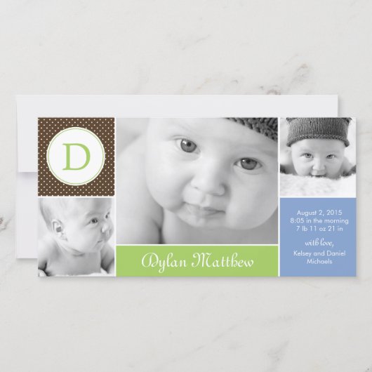 モダンイニシャル男の赤ちゃん誕生発表 案内状 (正面)