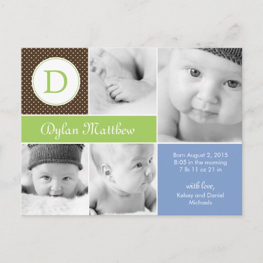 モダンイニシャル誕生のお知らせ – 青 案内ポストカード (正面)