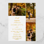 モダンイニシャル4枚の写真結婚金ゴールド 箔招待状 (正面)