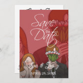 モダンイラストカップル結婚式招待状 セーブザデート (正面/裏面)