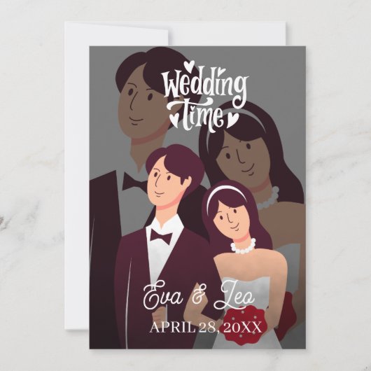 モダンイラストカップル結婚式招待状 セーブザデート (正面)