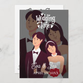 モダンイラストカップル結婚式招待状 セーブザデート (正面/裏面)