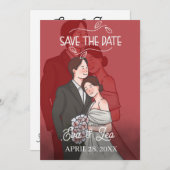 モダンイラストカップル結婚式招待状 セーブザデート (正面/裏面)