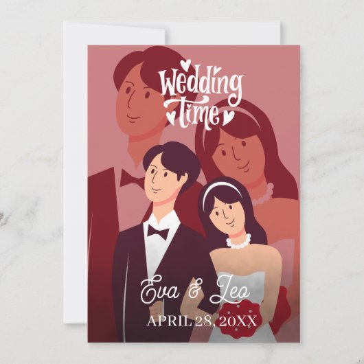 モダンイラストカップル結婚式招待状 セーブザデート (正面)