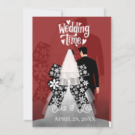 モダンイラストカップル結婚式招待状 セーブザデート
