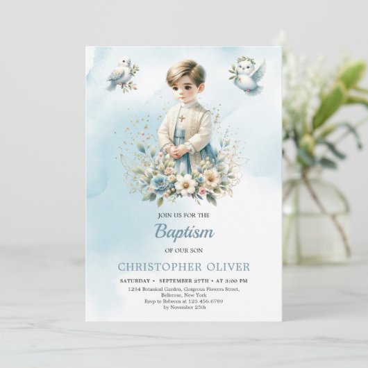 モダンイラストレーション男の子の装フォーマル装バプテスマ 招待状 (スタンド正面)