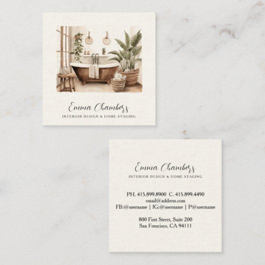 モダンインテリアデザイナー水彩浴室デコール スクエア名刺 (正面/裏面)