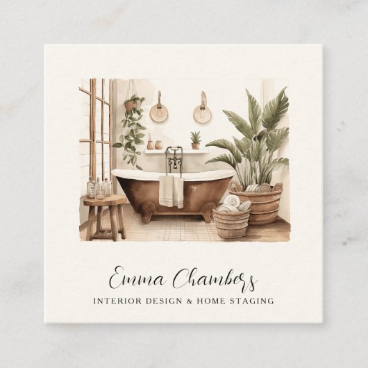 モダンインテリアデザイナー水彩浴室デコール スクエア名刺 (正面)