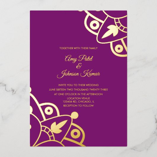 モダンインディアンマンダラパープル結婚ズ・プレス 箔招待状 (正面)