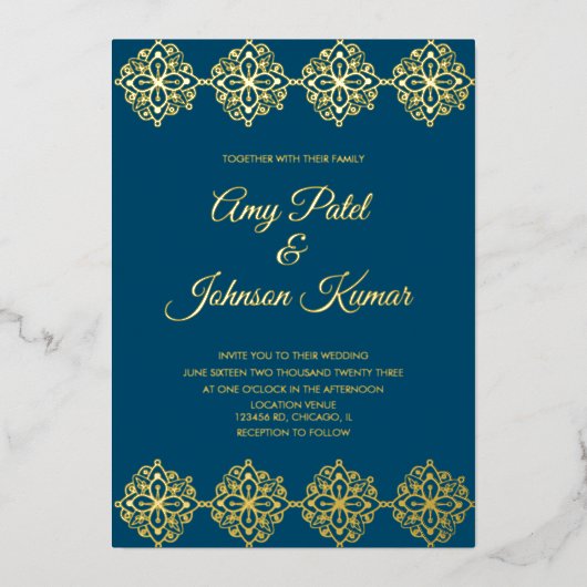 モダンインディアン縁どマンダラ結婚ズ押し込み 箔招待状 (正面)