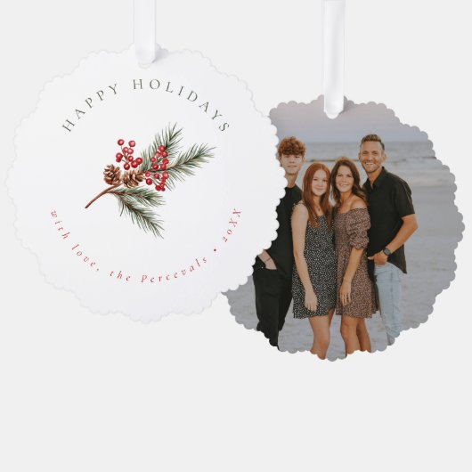 モダンウィンターパインブランチ&ベリー写真 オーナメントカード (正面/裏面)