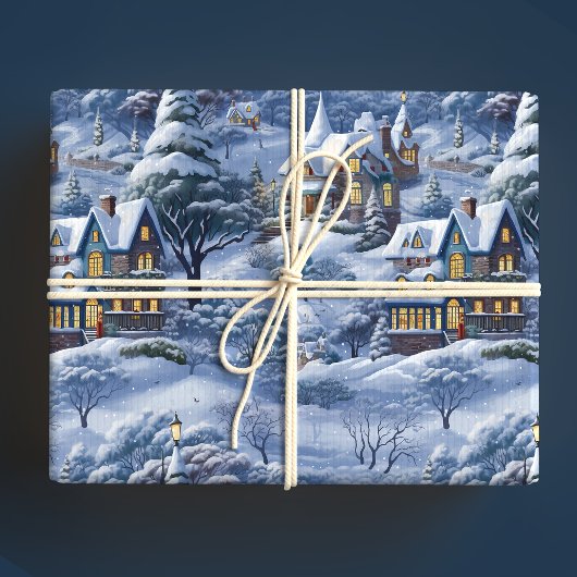 モダンウィンタービレッジホワイトクリスマス ラッピングペーパー