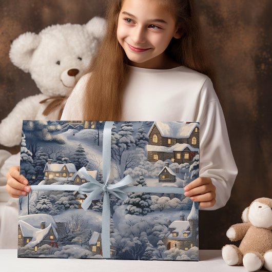 モダンウィンタービレッジホワイトクリスマス ラッピングペーパー