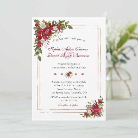 モダンウィンターレッドホワイトポインセチア結婚金ゴールド 招待状 (スタンド正面)