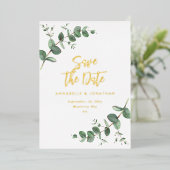 モダンウェディングにぴったりなユーカリの箔押しデザインのSave the Date 箔招待状 (立ち正面)