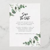 モダンウェディングにぴったりなユーカリの箔押しデザインのSave the Date 箔招待状 (裏面)