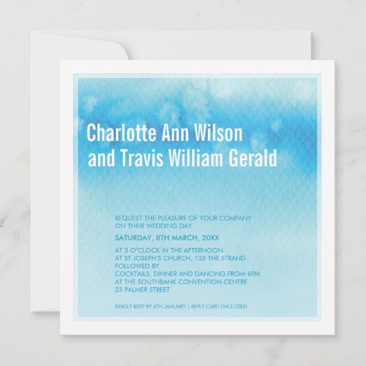 モダンウェディング招待状 : オンブレ 水彩 ブルー 招待状 (正面)