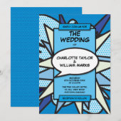 モダンウェディング ファン デザイナー ブルー コミックブック 招待状 (正面/裏面)