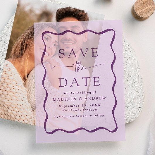 モダンウェーブパープルフレーム結婚式Save the Date ベラム紙招待状