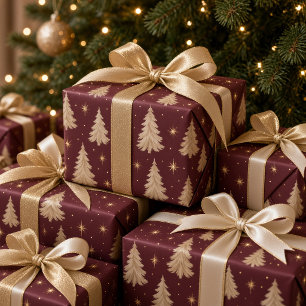 モダンウォーターカラークリスマスツリーブルゴーニュ ラッピングペーパー