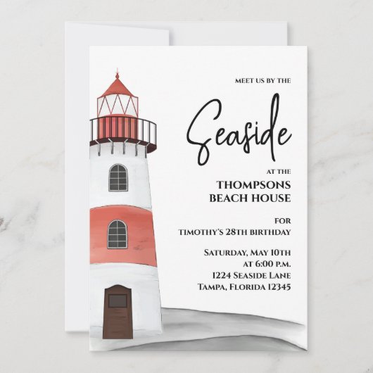 モダンウォーターカラーコーストラ航海のイトハウス 招待状 (正面)