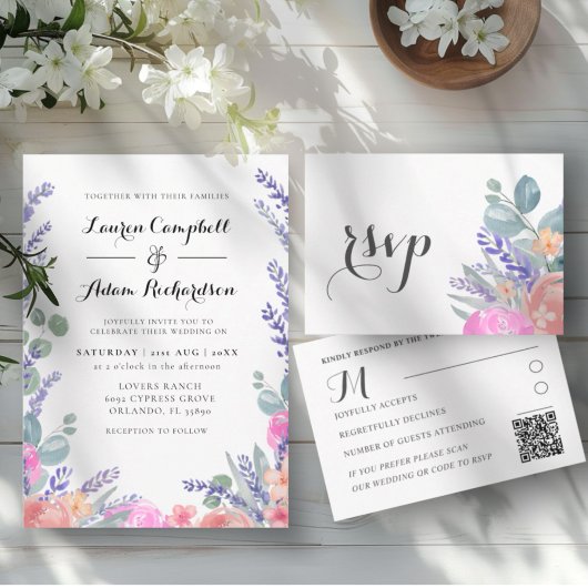 モダンウォーターカラー ユーカリとラベンダーの結婚式 招待状