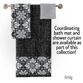 モダンエクレクティック ブラック ホワイト フローラルパターン バスタオルセット