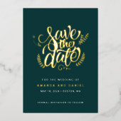 モダンエメラルドグリーンのカリグラフィー スクリプト ウェディング 箔招待状 (正面)