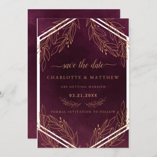 モダンエレガンス バーガンディーとゴールド セーブザデート (正面/裏面)