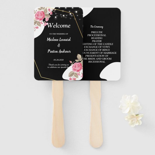 モダンエレガンス ピンク フローラル ストリング ウェディング プログラム ハンドファン (正面&裏面)