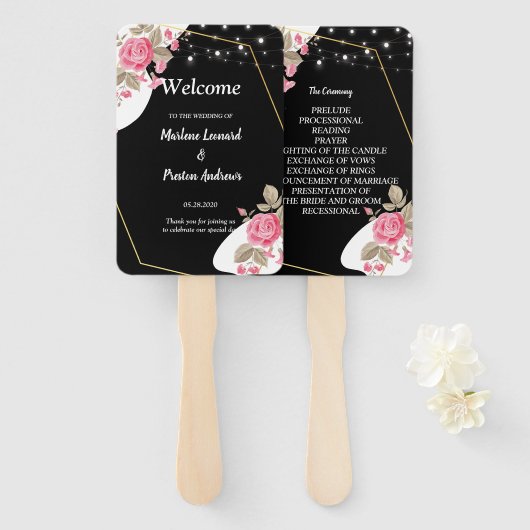 モダンエレガンス ピンク フローラル ストリング ウェディング プログラム ハンドファン (正面&裏面)