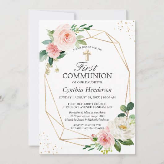 モダンエレガンス ブラッシュピンク フラワー ファーストコミュニオン 招待状 (正面)