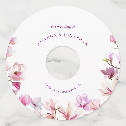 モダンエレガンス マグノリア フラワー ウェディング ワイングラスタグ (正面)