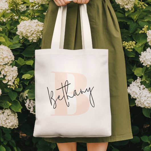 モダンエレガントなコーラルピンクのモノグラム トートバッグ