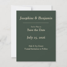 モダンエレガントなハンターグリーンの結婚式延期カード