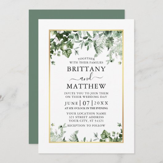 モダンエレガントアイビシダ金ゴールド結婚ズ 招待状 (正面/裏面)