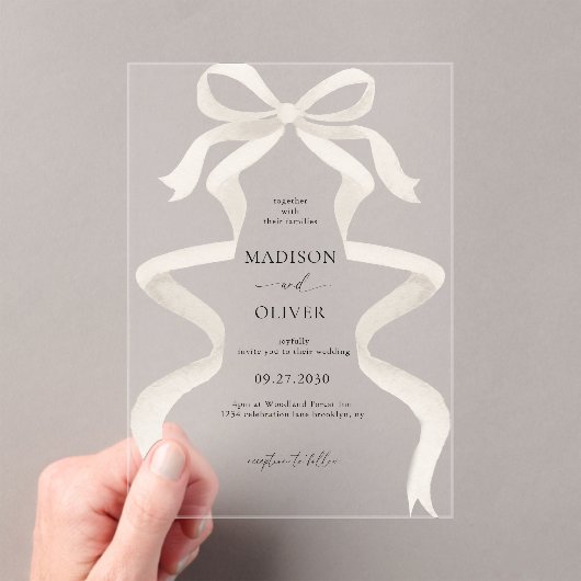 モダンエレガントアイボリーベージュボウ結婚リボン アクリル招待状 (インサイチュ (ポータブル))
