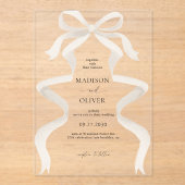 モダンエレガントアイボリーベージュボウ結婚リボン アクリル招待状 (正面)