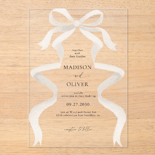 モダンエレガントアイボリーベージュボウ結婚リボン アクリル招待状 (正面)