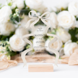 モダンエレガントアイボリーベージュボウ結婚リボン アクリル招待状